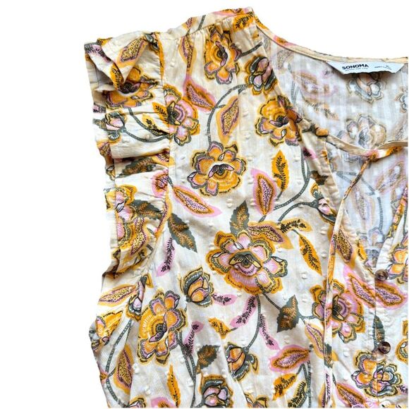 Sonoma Tiered Maxi Dress XL Yellow Floral Button Up Ruffled Boho Cottage Fairy - Picture 5 of 10